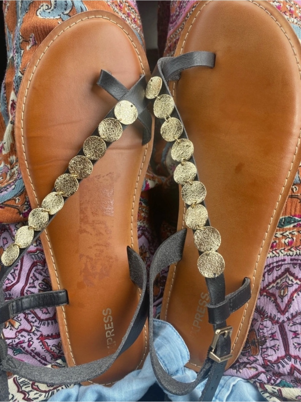 Express Black Sandals with Gold Coin Accents